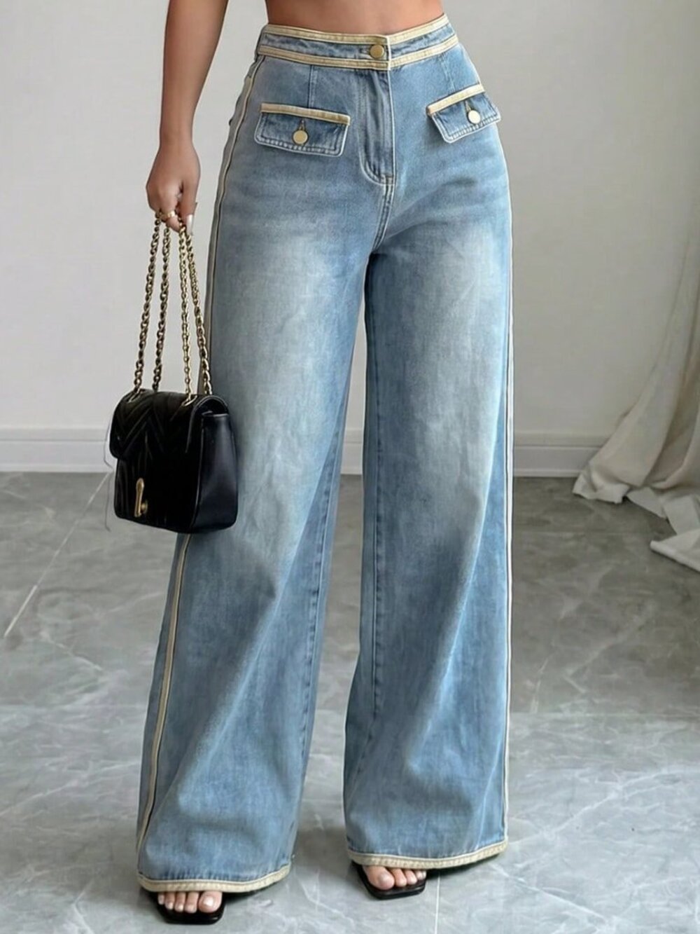 Blue Casual Women's Straight Leg Loose Denim Jeans With Button Design